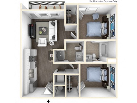Floor plan for 2 beds, 2 baths, 765 sqft